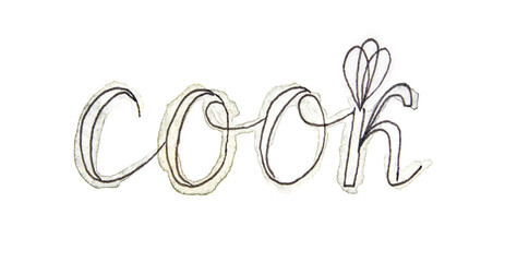 Creative handwritten word 'cook' with whisk element in unique artistic style.