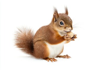 Obraz premium Red Squirrel Eating Nut in Snow, Cute Winter Wildlife Photography. AI generated illustration