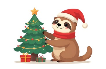 A Christmas card. Illustration. A cute smiling sloth in a Santa hat and a red scarf is decorating a Christmas tree. White background