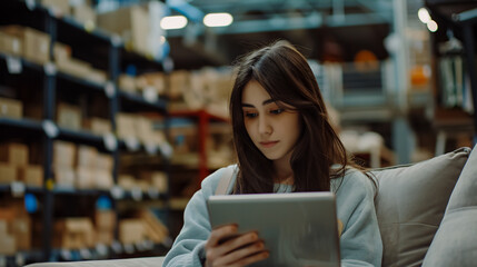 A young woman, a worker in a furniture store, checking inventory levels in a warehouse with a tablet, exemplifying the logistics process.