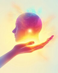 Vibrant abstract illustration of hands supporting a radiant face for inspirational art pieces