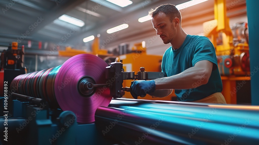 Poster mechanic in a modern factory setting engaged in precision work