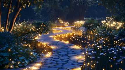 Mystical twilight pond illuminated fairy lights winding path. Mystic Twilight Path. Illustration