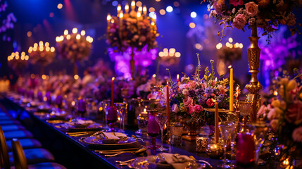 Fototapeta premium Elegantly arranged event with banquet tables set and ready for guests.