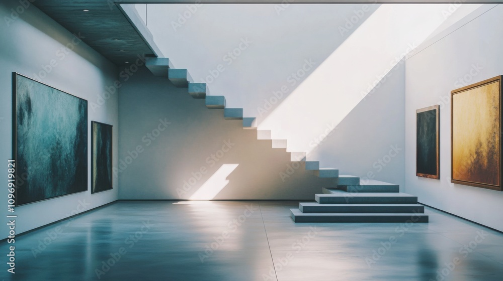 Poster staircase in an art gallery, modern design with floating steps and minimal railings, surrounded by a