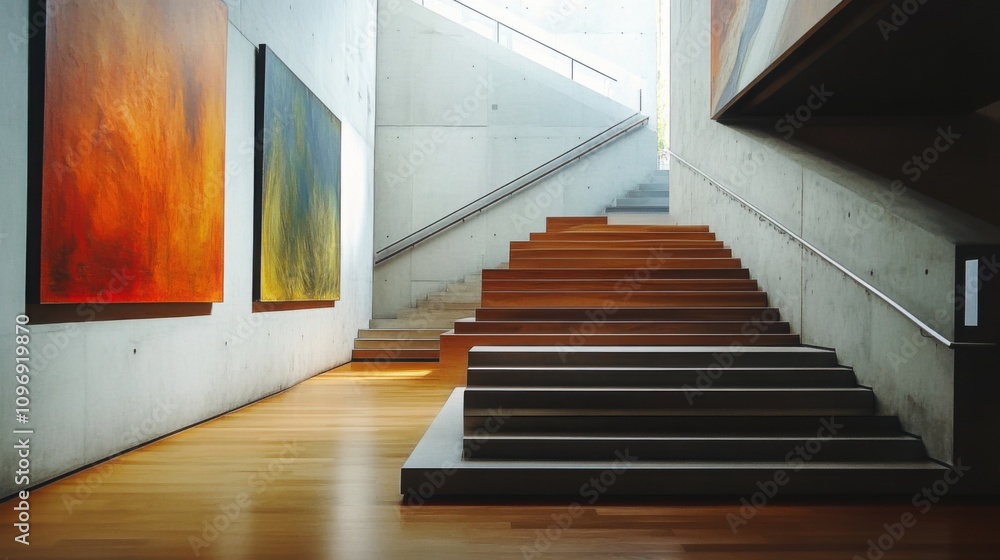 Poster staircase in an art gallery, modern design with floating steps and minimal railings, surrounded by a