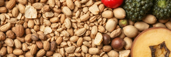 Obraz premium A close-up shot of various textured foods such as nuts, seeds, fruits, and vegetables, ingredients