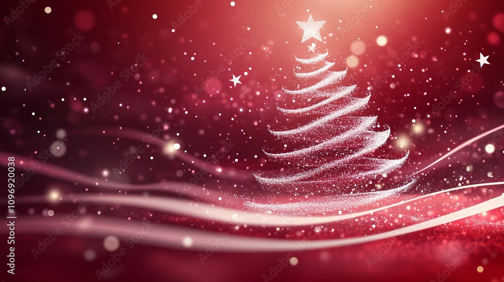 Poster a vector christmas tree in white on a red background with swirls.