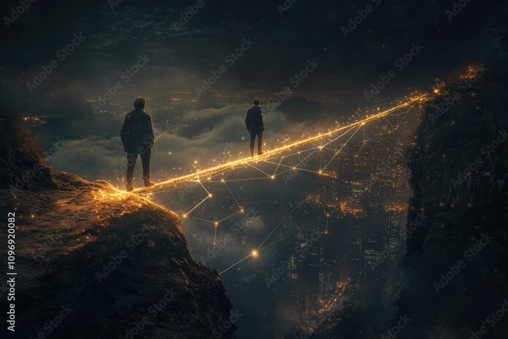 Poster two figures stand on a cliff, connected by a glowing line over a sprawling cityscape at night, evoki