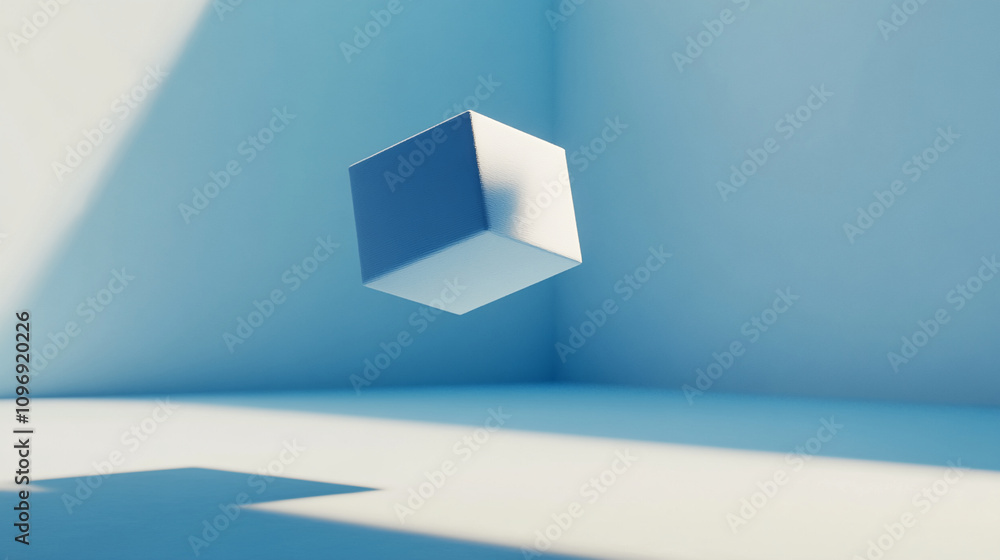 Poster floating cube in a minimalistic blue room with shadows and light interplay