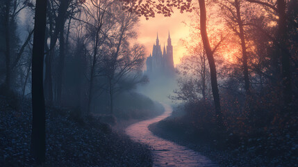 Fototapeta premium Enchanting twilight scenery leading to mystical castle. Mystic Twilight Path. Illustration