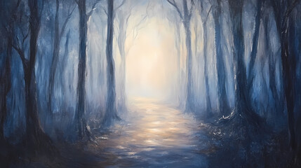Obraz premium Dark forest path leading through trees with foggy mist and sunlight in the distance oil painting illustration. Mystic Twilight Path. Illustration