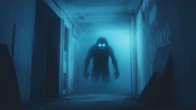 A terrifying blue monster with glowing eyes emerges from a foggy, abandoned room.