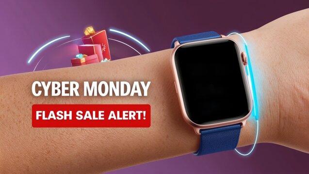 Cyber monday flash sale event on smartwatches online shopping promotional content digital space user perspective tech innovations