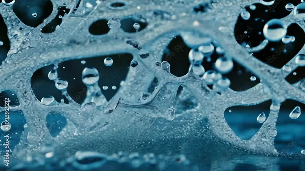 Poster water droplets create intricate patterns in a striking blue environment during a recent scientific e