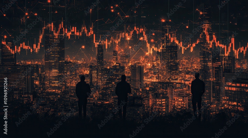 Poster a silhouette of three figures overlooks a vibrant city skyline with dynamic financial graphs illumin