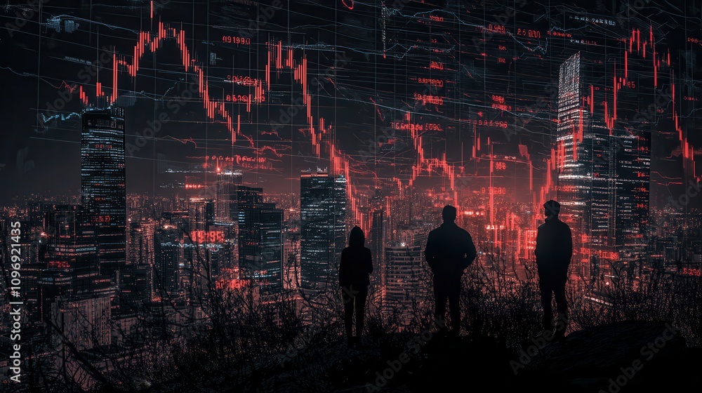 Poster A futuristic cityscape at night, with three silhouetted figures overlooking a skyline adorned with digital graphs and data streams.