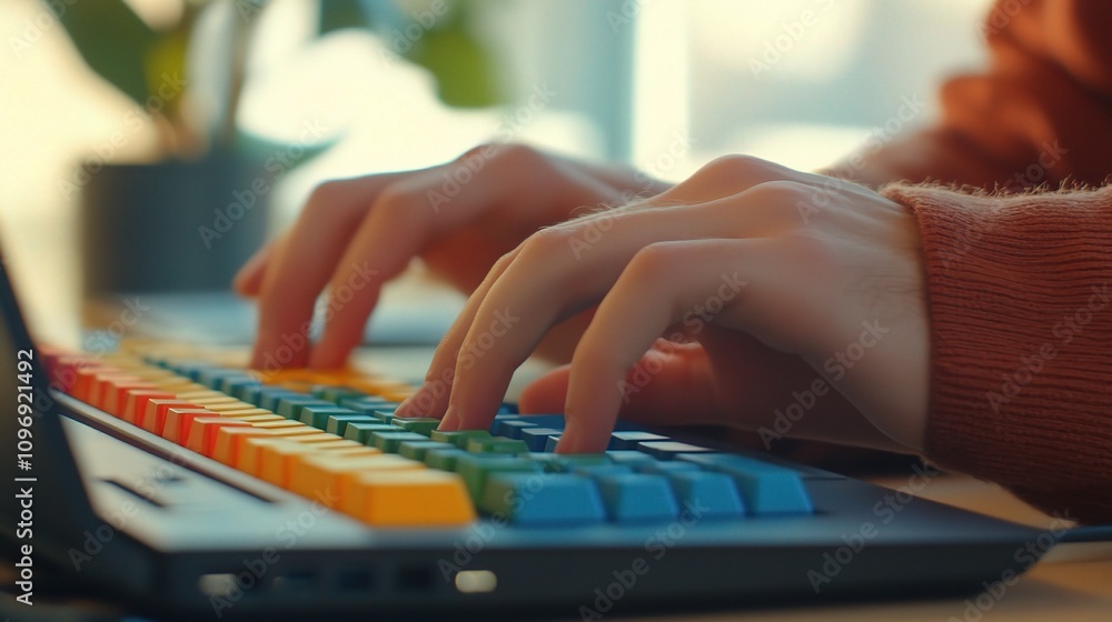 Poster close-up of hands typing on a colorful computer keyboard