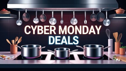 Cyber monday deals cooking event modern kitchen promotional display contemporary environment overhead view culinary savings concept