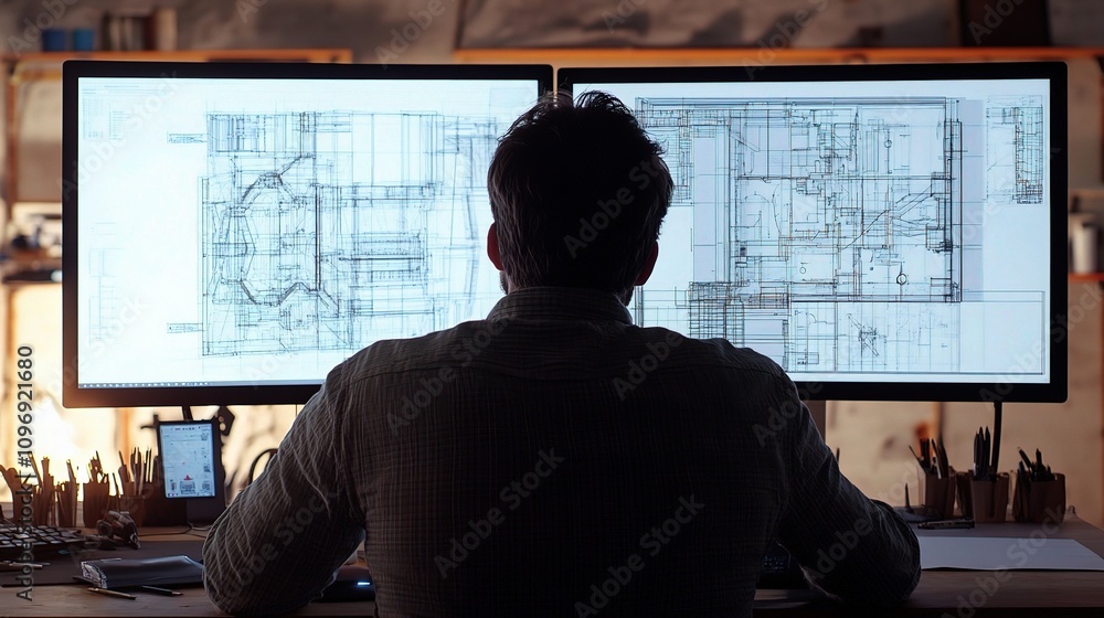 Poster engineer engrossed in cad design session at dual computer screens