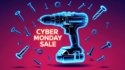 Cyber monday sale event power tools showcase digital marketplace vibrant atmosphere promotional content