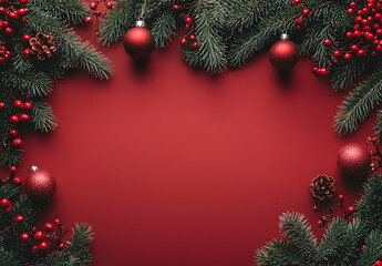 Christmas background with red color and decoration on the right side.