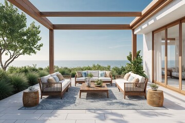 Spacious Outdoor Patio Frame Mockup Showcasing Serene Coastal Elegance in Contemporary Natural Design