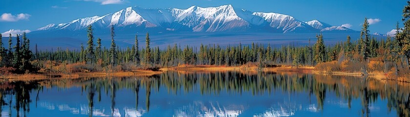 Obraz premium Adventure in nature majestic snow-capped mountains reflected in serene lake wilderness scenic viewpoint tranquility