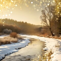 A serene winter landscape with a snow-covered stream, golden sunlight filtering through frosty trees, and a dreamy bokeh effect in the sky, evoking peace and natural beauty.