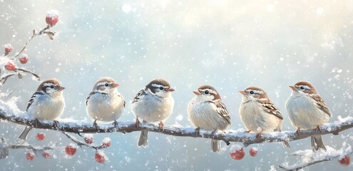 Five Cute Sparrows Sitting on a Branch in Winter. AI generated illustration