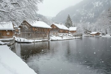 Naklejka premium Hallstatt Winter Landscape with Lake and Wooden Houses in Snow. AI generated illustration