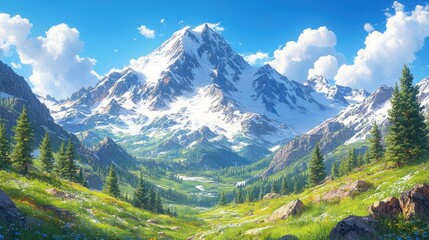 Fototapeta premium Majestic Alpine Vista: A Breathtaking Panorama of Snow-Capped Peaks and Verdant Meadows