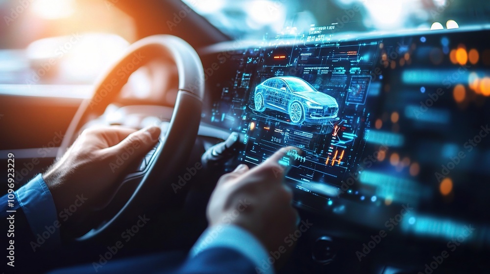 Poster automotive engineer interacting with ai powered hologram display