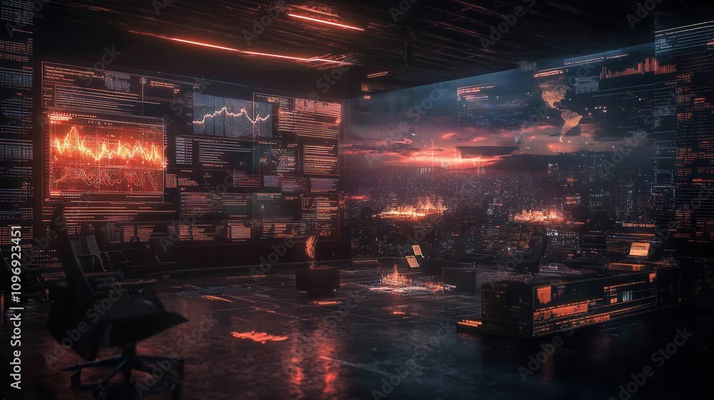 Poster a futuristic control room filled with glowing screens, data visualizations, and a moody atmosphere, 