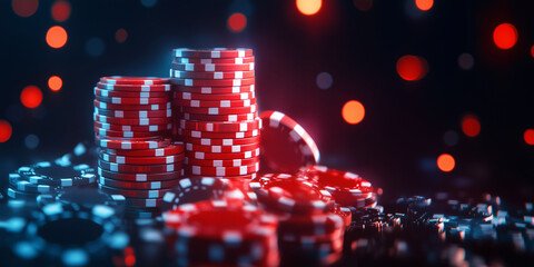Vibrant casino chips stacked on blurred background, creating exciting atmosphere for gaming. red and black colors enhance thrill of gambling