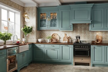 Fototapeta premium Elegant Serene Kitchen Art Mockup with Soothing Ambiance and Stylish Design