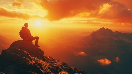 Obraz premium Hiker silhouetted against vibrant sunset over mountain range.