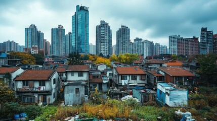 Naklejka premium Urban Contrast: A View of High-Rise Buildings Over Old, Deteriorating Homes in a Changing Cityscape Captured Under a Dramatic Sky