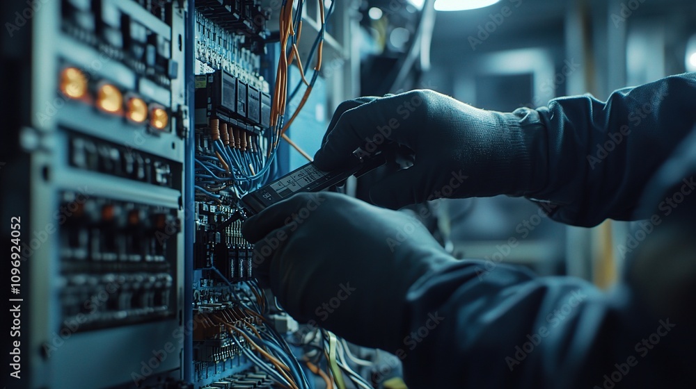 Poster close-up of electrical engineer using precise measurement tools