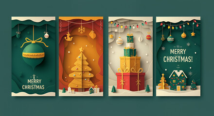 Christmas card : story book with Santa Claus, Christmas trees, snowman, reindeers, bells, stockings, ornaments, snowflakes, snowy village, gifts,