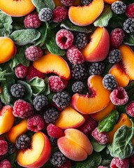 Obraz premium Vibrant summer salad with frozen peaches and berries for refreshing cuisine