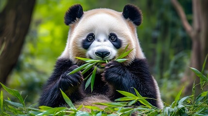 Fototapeta premium A cute panda bear eating bamboo shoots in a lush green forest.