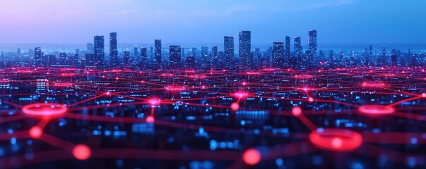Futuristic city skyline at night, glowing blockchain connections, crypto technology, 3D illustration