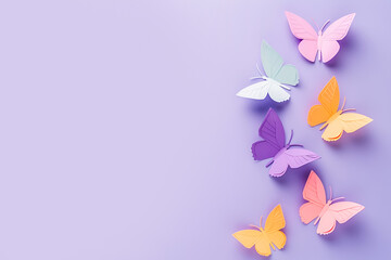 Colorful paper cut butterflies on pastel purple background