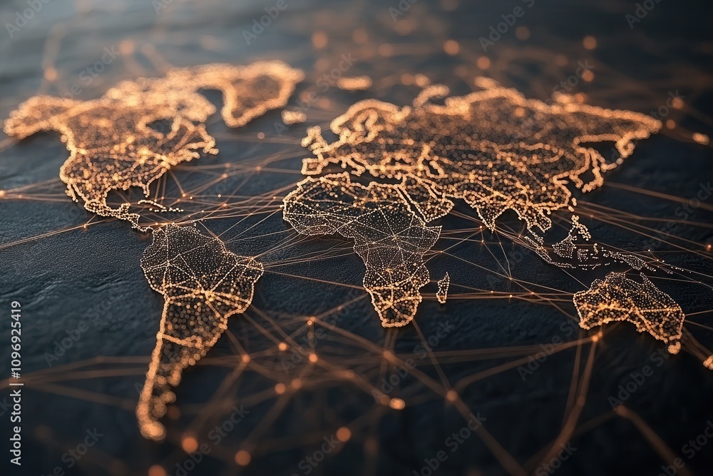 Poster A digital map of the world illuminated with orange lines, representing global connectivity and networks.