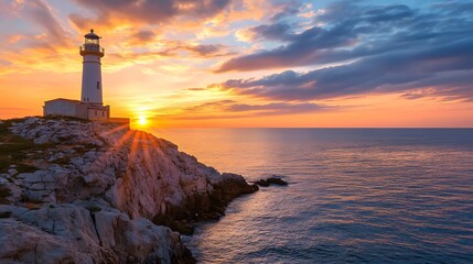 A white lighthouse stands tall on a rocky cliff overlooking the ocean as the sun sets creating a dramatic sky.