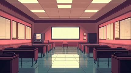 Empty classroom with rows of desks, a projector screen, and charts on the walls.