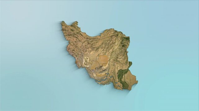 Iran animated map showing regions forming the country with a physical map background and a chroma key alpha channel.