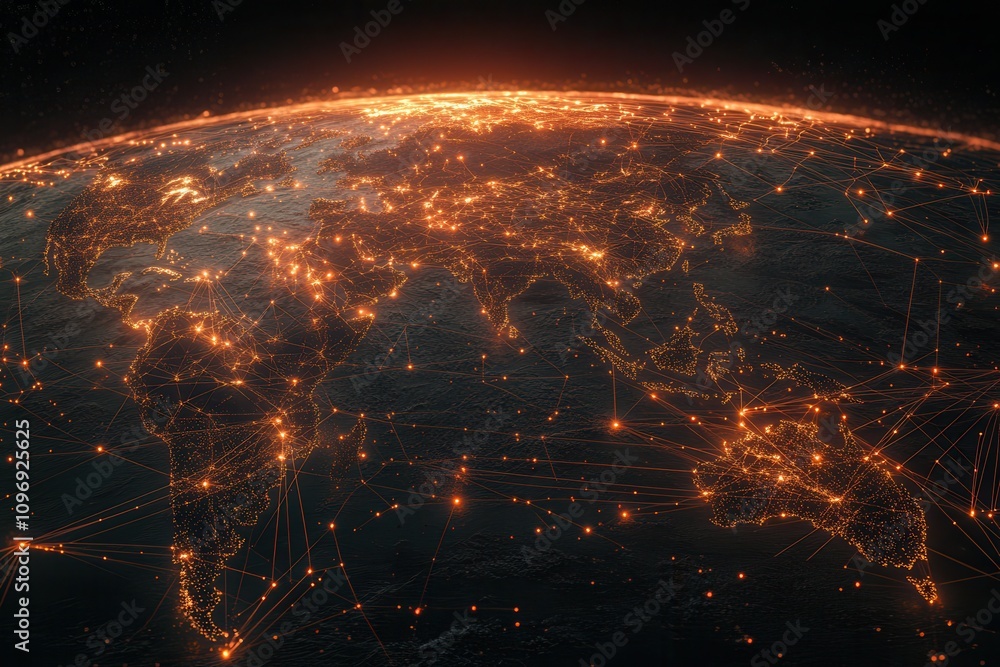 Poster a glowing view of earth from space, showcasing illuminated cities and networks against a dark backdr
