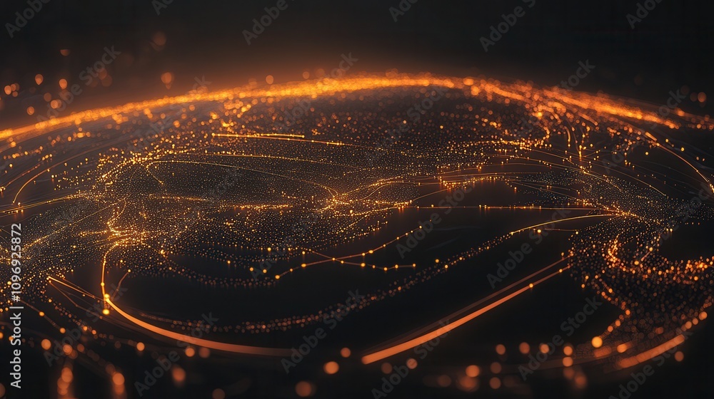 Poster A stunning aerial view of a city illuminated by shimmering lights against a dark background, creating a captivating network of glowing pathways.